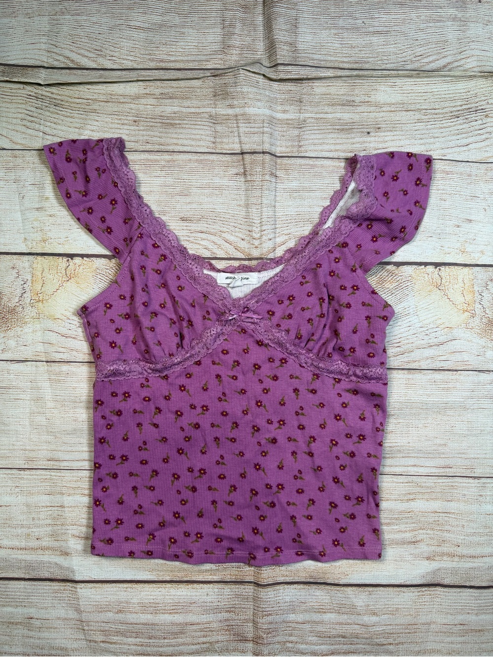 Purple Micro Floral Lace-Trim Ribbed Fairy Cottage‎ Tank Top